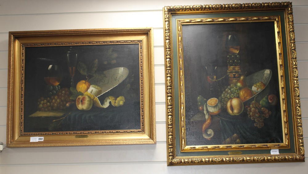 Dutch School, two oils on canvas, Still lifes in the 17th century style, indistinctly signed, 44 x 59cm and 63 x 48cm
